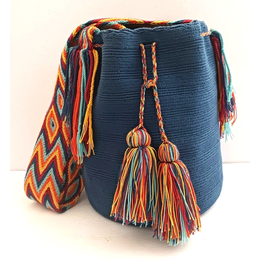 Wayuu Mochilla Hand Woven Crossbody Royal Blue w  Multicolor Strap Tassels